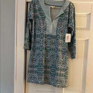 Cabana Life Teal and White Geometric Dress UPF 50  L Large Bali Seas Tunic
